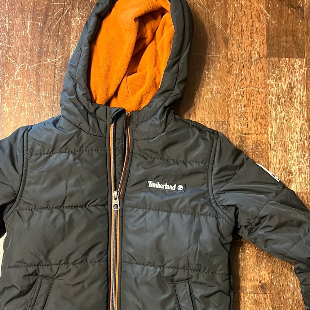 Timberland Black Puffer Jacket with Orange Lining